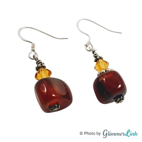 Boho Brownish Red & Yellow Silver Tone Drop Earrings - Picture 5 of 6